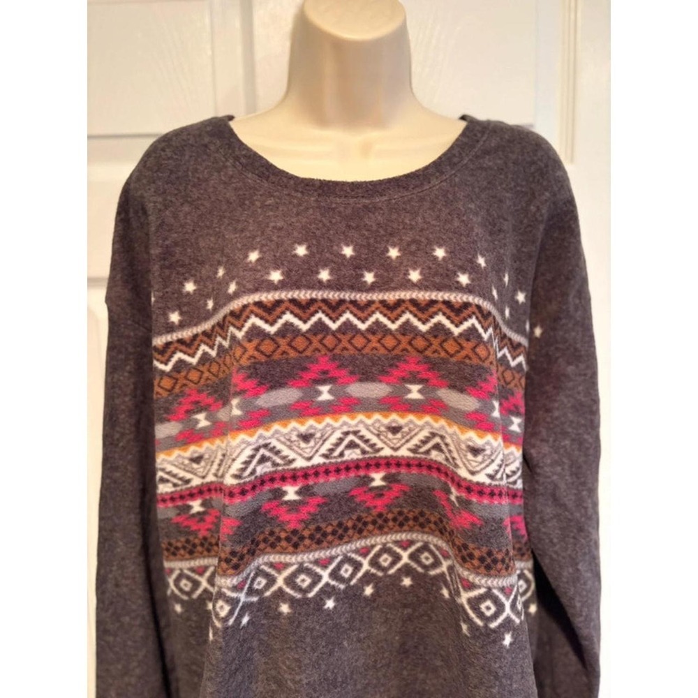 Cuddl Duds XL Charcoal Gray Fleece Southwestern Fair Isle Pullover Top